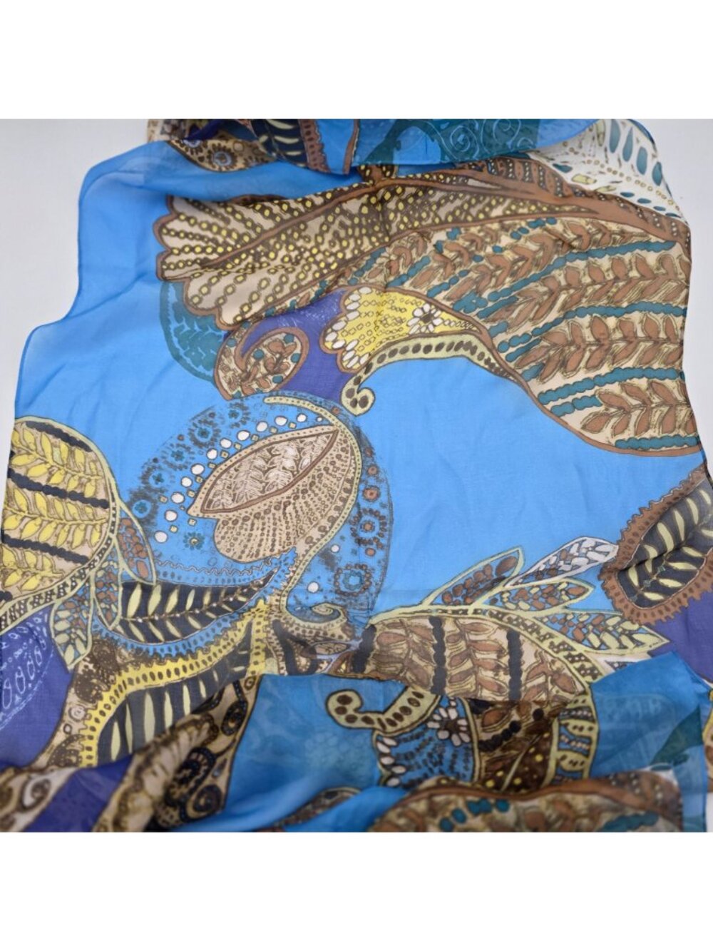 Anne Klein Womens 100% Silk Scarf With Paisley & Floral Print In Blue Brown Gold - Picture 7 of 9